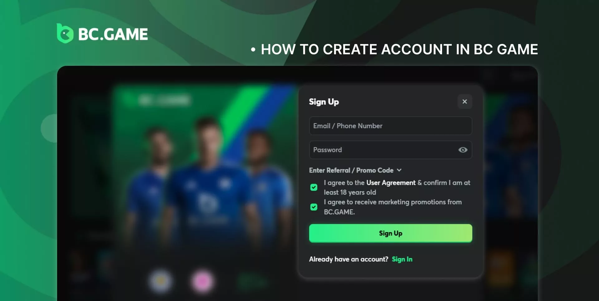 Registering a new account at BC Game